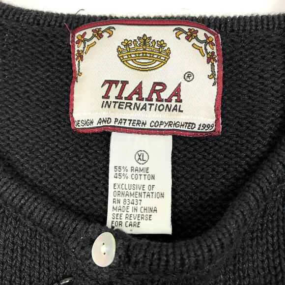 TIARA Embroidery Knit Cardigan Women XL Black Retro Nostalgia VTG Clasic Holiday - Picture 7 of 9